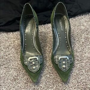 BCBGirls Green Suede Heels with Penny Loafer Strap 4 inch